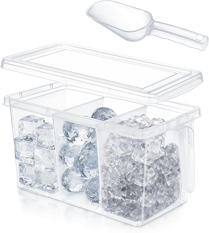 Havawish 3 Divided Ice Bin for Freezer Bucket Ice Container for Freezer with Lid and Scoop Set Ices Storage Container Plastic Clear Pull out Handle Organizer Cubes Cabinet, 10.83 x 5.91 x 6.1 Inches