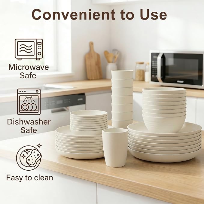 Dishes Set for 8, Wheat Straw Dinnerware Sets 40 Piece, Unbreakable Bowls and Plates Set, Plastic Plates Reusable, Microwavable Dishware Sets for Apartment, RV, Picnic - Beige