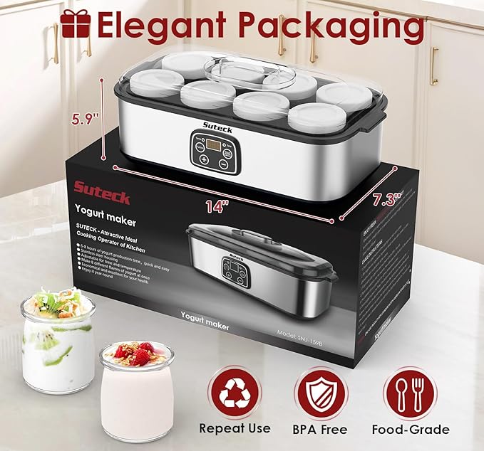 Suteck Yogurt Maker - Stainless Steel Yogurt Makers with Adjustable Time & Temp Control，Automatic Shut-Off & Constant Temper for Homemade Greek, Probiotic Yogurt, BPA-Free 8 Glass Jars (48 oz), Black