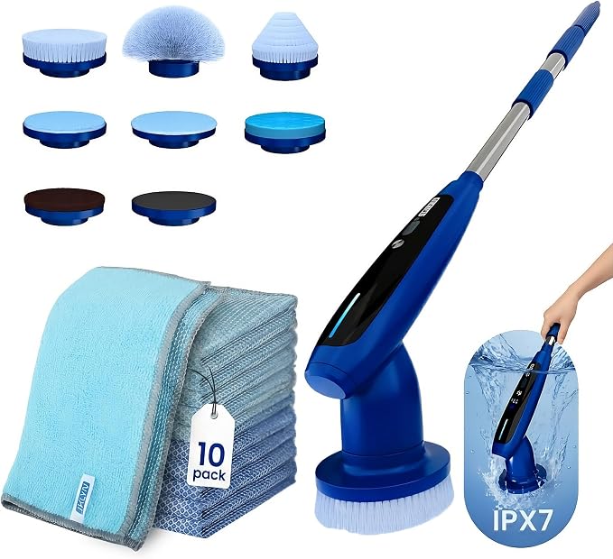 Electric Spin Scrubber & Wire Dishcloths 10 Pack Bundle – Cordless Power Scrubber 120 Min IPX7 Waterproof 8 Brush Heads + 10x10in Double-Layer Non-Scratch Reusable Cleaning Cloths