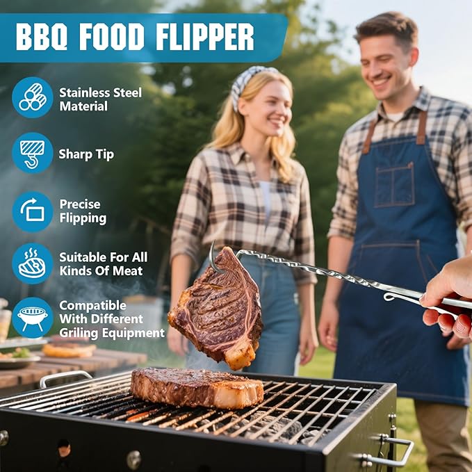 Meat Flipper, Grill Hooks for Turning, Heavy Duty Stainless Steel BBQ Turner Hooks with Long Handle for Flipping Ribs, Pork Shoulder, Roast on Smoker Grilling (Left Hand - B)