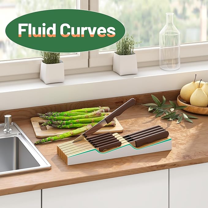 Knife Drawer Organizer Insert, Bamboo Wood Knife Holder, Knife Block Holds Up To 11 Knives