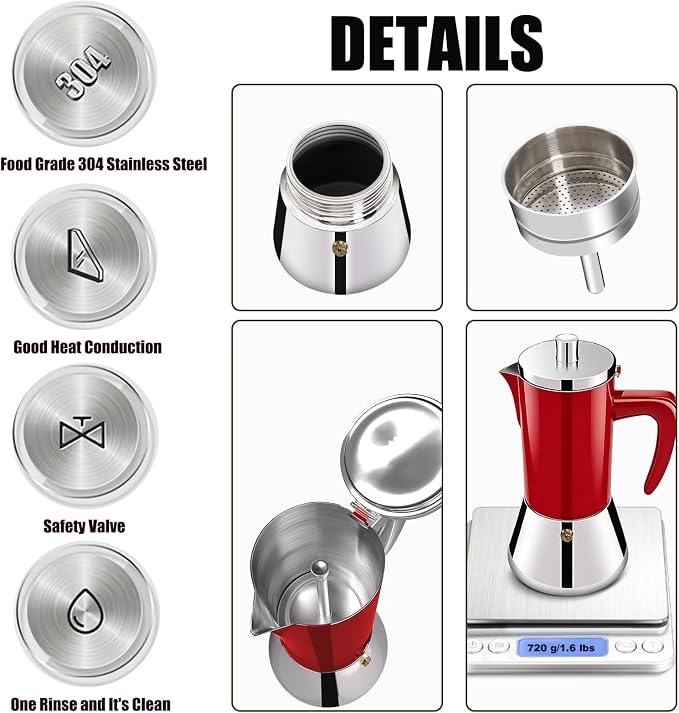 6 Cup Thickened 304 Stainless Steel Moka Pot Stovetop Espresso Maker Cafeteras Italian Percolator Espress Makers Capable Greca Mocha Coffee Machine for Induction Home and Camping 300ml 10oz