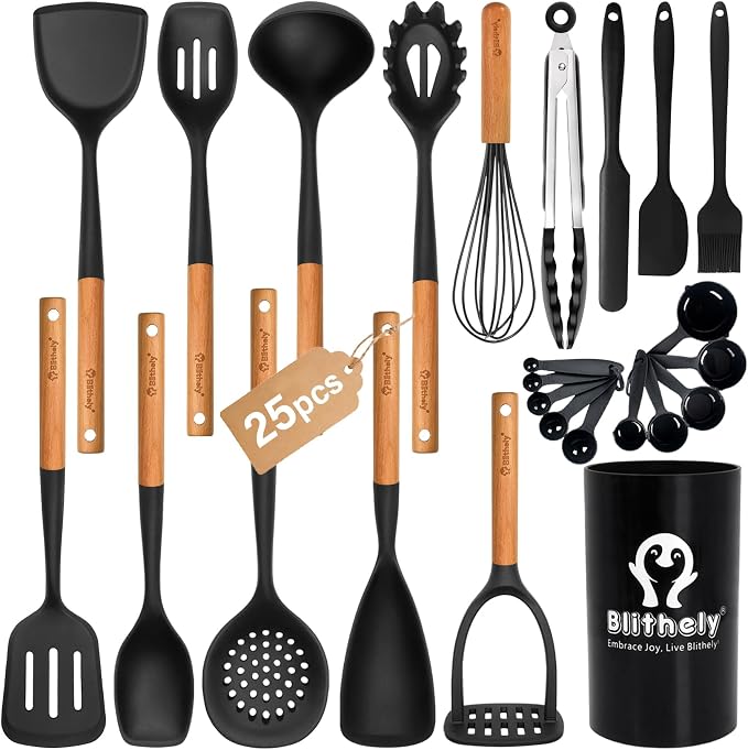 Large Silicone Kitchen Utensils Set with Holder, 25Pcs Cooking Utensil Set with Wooden Handle, Heat Resistant Spatula Sets for Cooking, BPA Free Silicone Utensils Set for Non-Stick Cookware(Black)