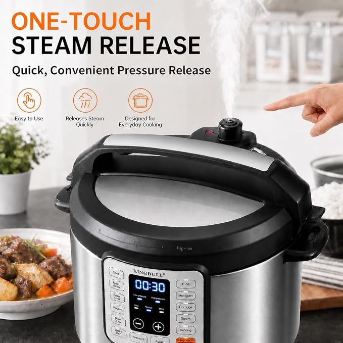 KINGBULL 8QT Electric Pressure Cooker, 12-in-1 Stainless Steel Multi Cooker with Nonstick Inner Pot, Slow Cooker, Rice Cooker, Steamer, Sauté, Yogurt Maker, Warmer, Delay Start