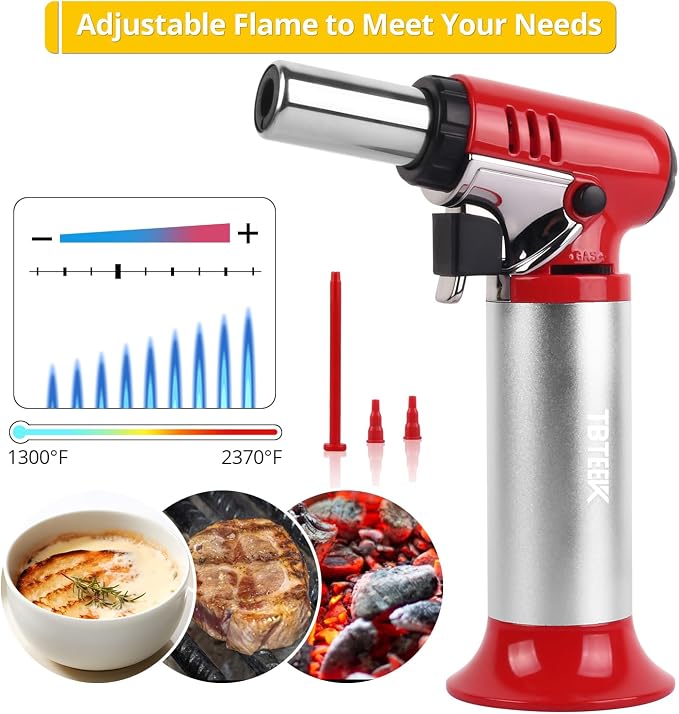 TBTeek Butane Torch with Fuel Gauge T907, One-hand Operation Kitchen Torch Lighter with Adjustable Flame for BBQ, Baking, Brulee Creme, Crafts and Soldering(Butane Gas Not Included), Red