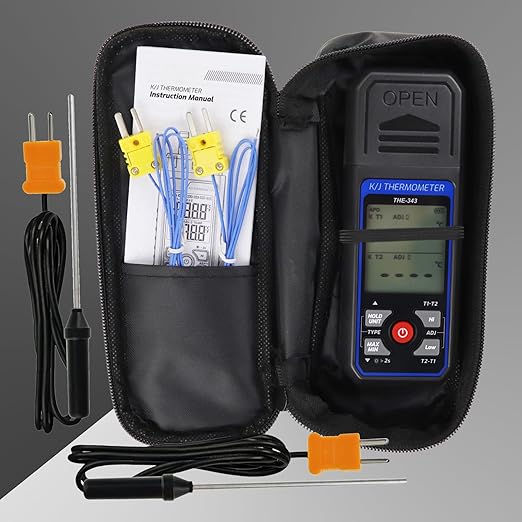 Thermocouple Thermometer HVAC Temperature Meter, Digital Temperature Thermometer with 4 K Type Thermocouple, Dual Channel Temperature Gauge with Alarm & ADJ Compensation (-328~2500℉ Measuring)
