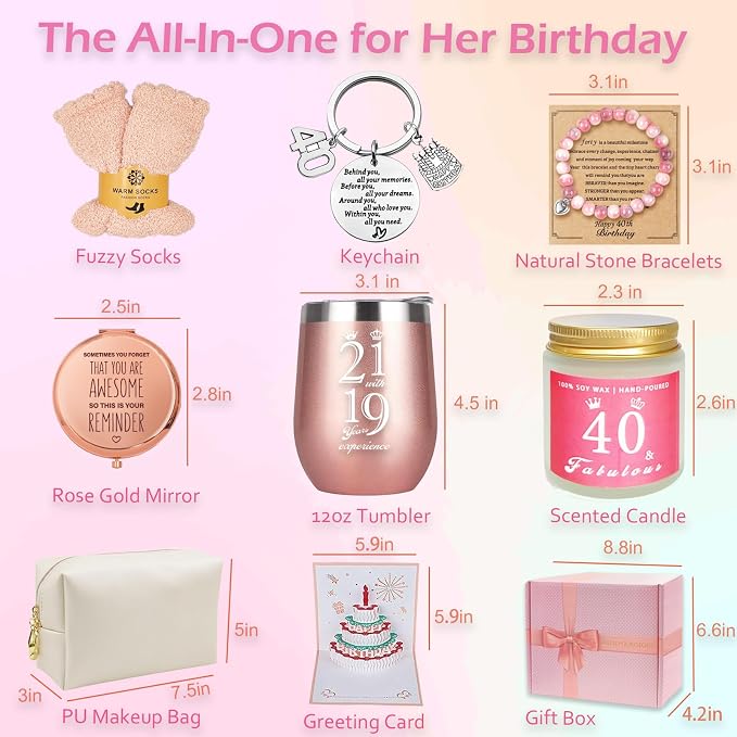 Awfrky 40th Birthday Gifts for Women, 40 Year Old Birthday Gifts for Women, 40th Birthday Gifts Basket for Best Friends Female Sister Mom Wife Daughter Her Girlfriend Coworker Bestie