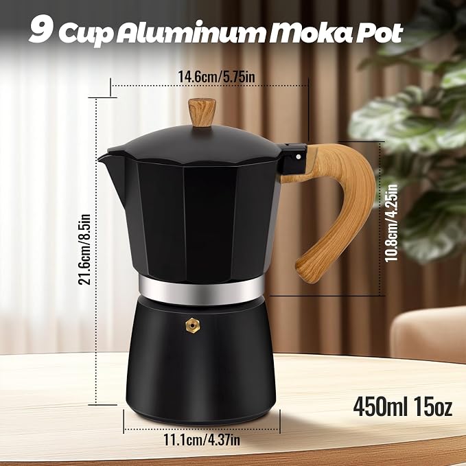 9 Cup Aluminum Moka Pot Classic Stovetop Espresso Coffee Maker 450ml 15oz Coffeemaker Percolator Mocha Pot Greca Coffee Maker Cafe Makers for Italian and Cuban Café Brewing Black