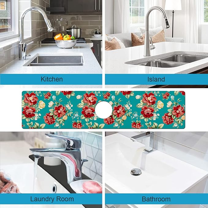 Kitchen Sink Splash Guard Faucet Mat Super Absorbent Fast Drying Mat Sink Gadgets Splash Guard Behind Faucet Drip Catcher for Kitchen (Boho Flowers, 23.5x5.5in)