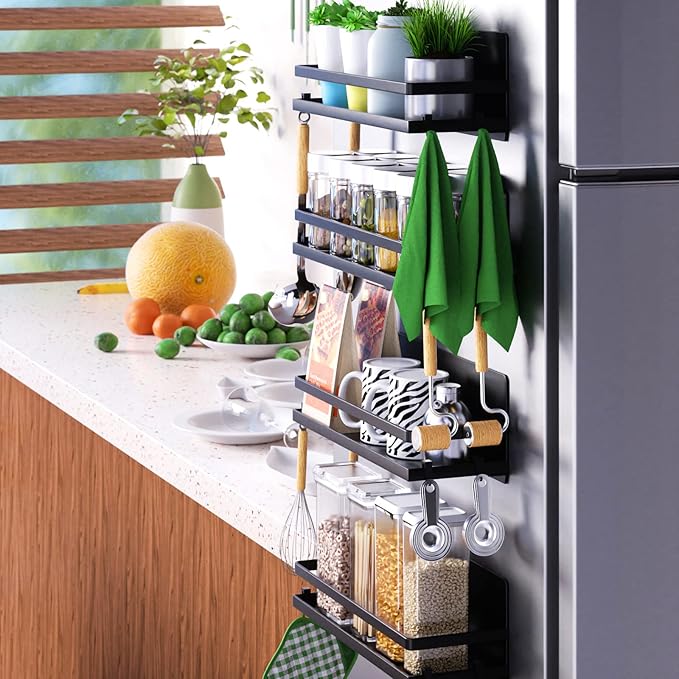 Magnetic Spice Rack for Refrigerator,Magnetic Shelf Fridge Organizer for Kitchen, Spice Rack Space Saver Container for Kitchen/Apartment, Drill Free, Black 6 Pack