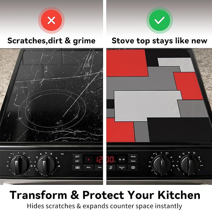 Decorative Stove Top Covers for Electric Stove 28"x20" – Heat Resistant Glass Cooktop Protector Dish Drying Mat – Non-Slip Rubber Backing Washer Top Cover Waterproof Extra Counter Space (Geometric)
