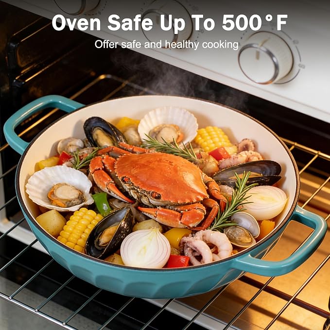 Enameled Cast Iron Dutch Oven, 3.8 Quart Dutch Oven Pot with Lid, Shallow Cast Iron Braiser with Handles, Oven Safe up to 500°F (BlueGreen)