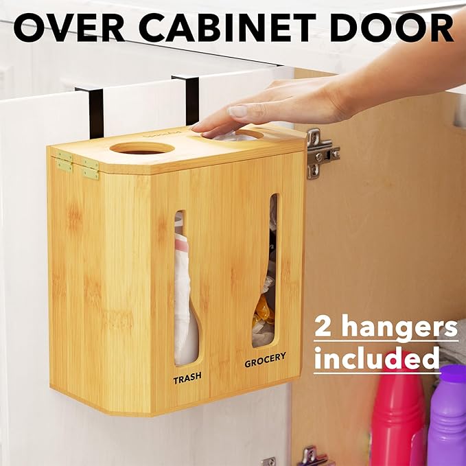 SpaceAid Bamboo 2 in 1 Garbage Bag Roll Holder & Dispenser, Under Sink Organizer for Kitchen Storage