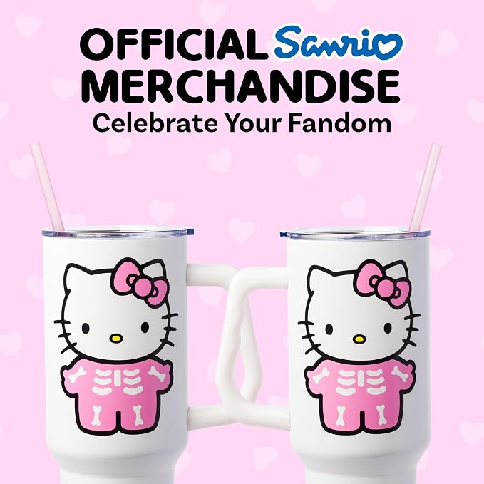 Silver Buffalo Sanrio Hello Kitty Halloween Spooky Skeleton Costume Double Walled Stainless Steel Tumbler with Handle and Straw, Fits in Standard Cup Holder, 40 Ounces