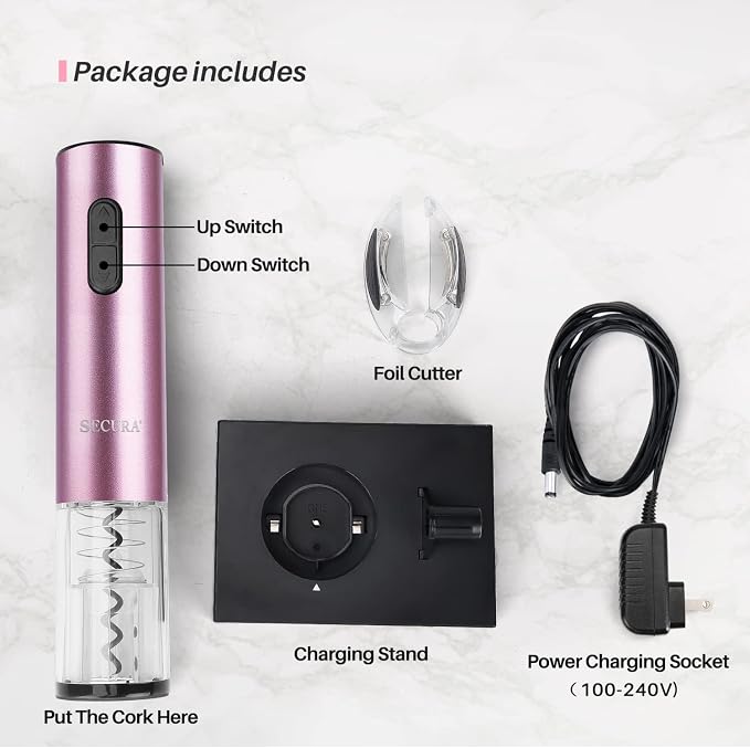 Secura Electric Wine Opener, Automatic Electric Wine Bottle Corkscrew Opener with Foil Cutter, Rechargeable (Rose Gold)
