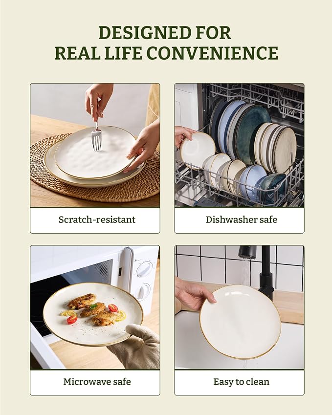 Famiware Dinnerware Sets for 4, Ocean Round 12-Piece Kitchen Plates and Bowls Sets, Microwave and Dishwasher Safe, Scratch Resistant, Vanilla White