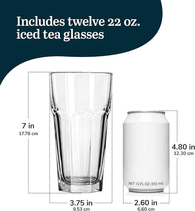 Libbey Gibraltar DuraTuff Drinking Glass Drinking Cup Set, Iconic Heavy Base Bar Glassware hick Drinking Glasses Set of 12, 22-Ounce Iced Tea Glasses