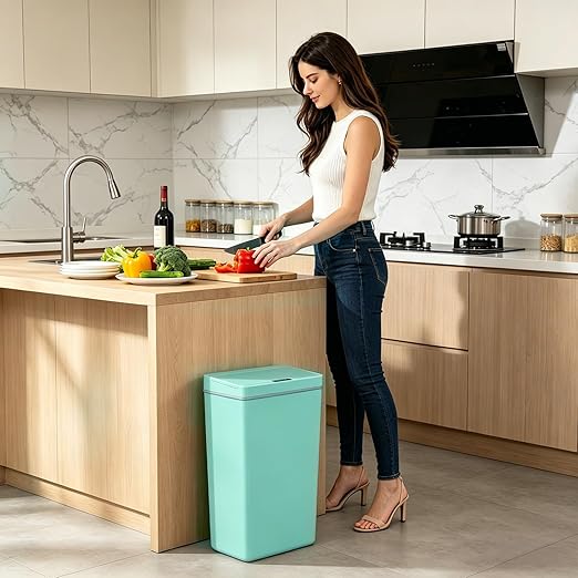 PayLessHere 13 Gallon 50 L Trash Can with Lid Plastic Kitchen Trash Bin Automatic Touch Free Motion Sensor Trash Can (1, Blue)