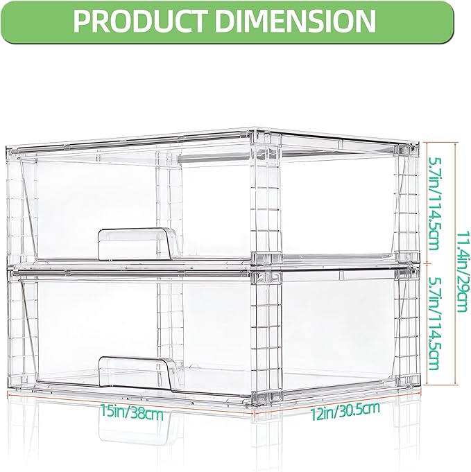 Wide Large Stackable Storage Drawers(2 Pack),Multi-purpose Clear Plastic Organizer Bins with Handles, Easy to Assemble for Bathroom Home Closet Under Sink Kitchen Pantry Medicine Cabinet