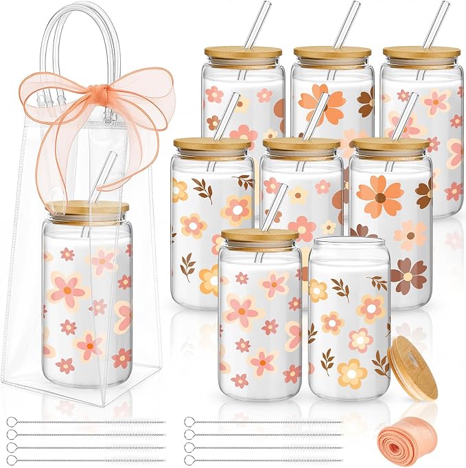 Mumufy 8 Sets Cute Boho Glass Cups with Clear Gift Bag 16 oz Reusable Pink Iced Coffee Mugs Aesthetic Cute Tumbler with Lids and Straws, Gifts for Girls Women Bridesmaid