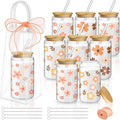 Mumufy 8 Sets Cute Boho Glass Cups with Clear Gift Bag 16 oz Reusable Pink Iced Coffee Mugs Aesthetic Cute Tumbler with Lids and Straws, Gifts for Girls Women Bridesmaid