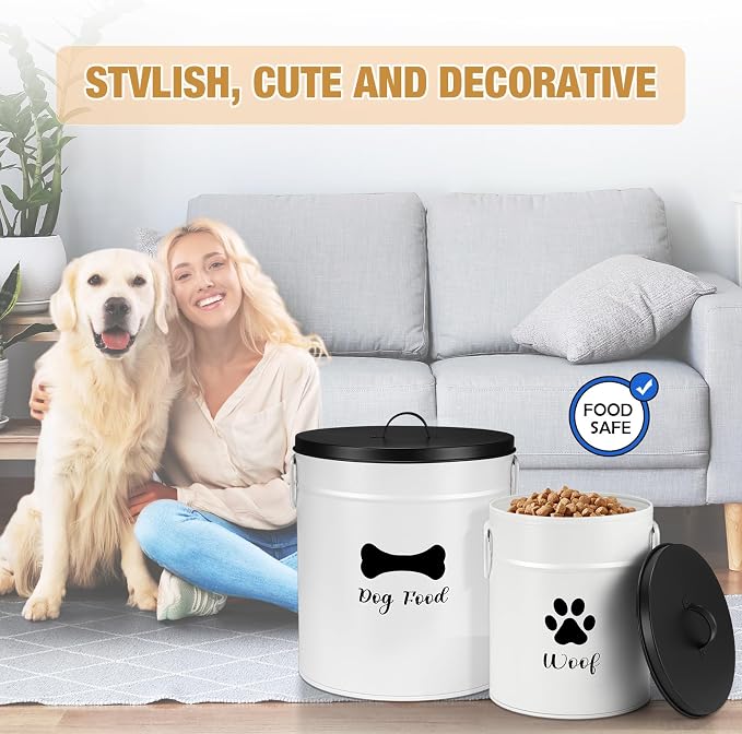 DoubleFill Extra Large 23+10 lb Metal Dog Food Storage Containers Set of 2 Airtight Dog Treat Snack Jars with Lids and Spoon Farm House Style Big Pet Cookie Jar for Kitchen Counter Gift