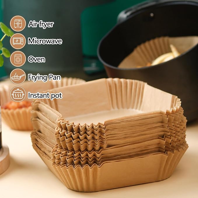 9 Inch Air Fryer Liners Disposable, 400Pcs Square Air Fryer Paper Liners, Oil-Proof & High-Temperature Resistant Parchment Baking Paper for Air Fryer, Microwave and Oven（Bottom Is 9 Inch）