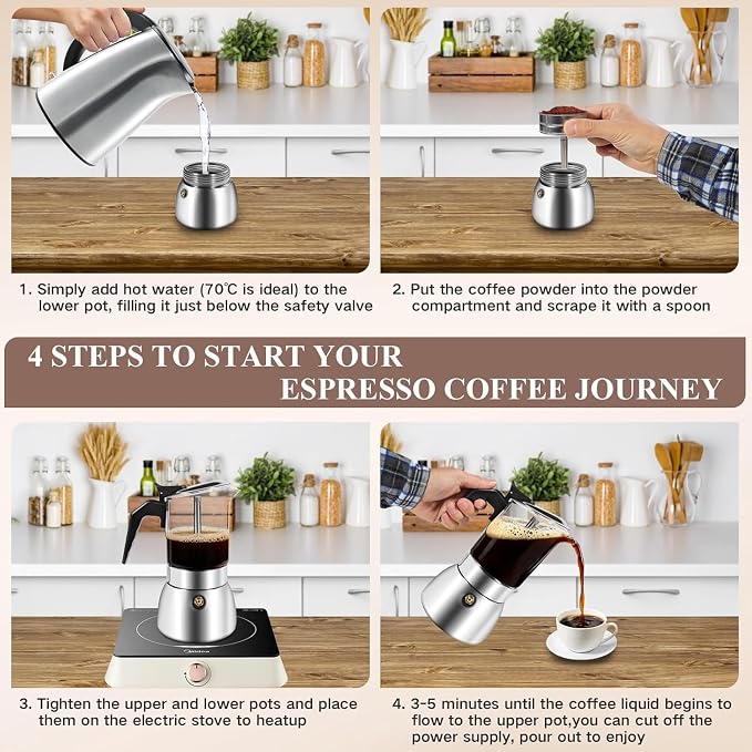 Moka Pot Stovetop Espresso Maker, Crystal Glass Top 304 Stainless Steel Coffee Brewer, 300ml 6-Cup Italian Coffee Pot for Gas Stove Home Kitchen & Camping