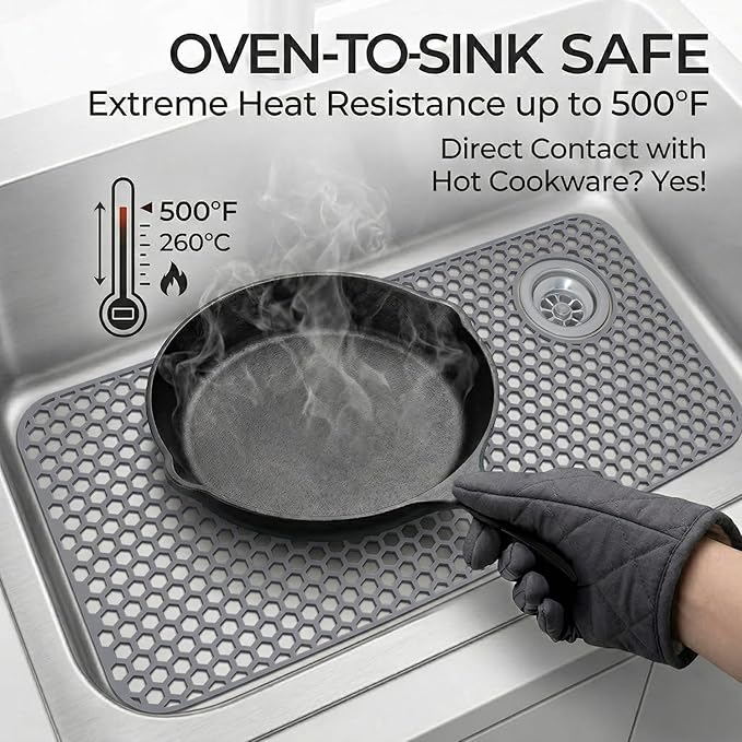 Silicone Sink Protectors for Kitchen - Non-Slip Heat Resistant Grid Mat for Farmhouse Porcelain Stainless Steel, Protects & Cushions Your Sink(Gray 1PCS, 28.5"x14.5" Right-Side Drain)
