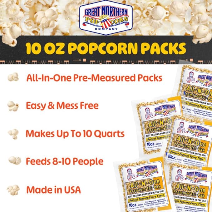 10oz Popcorn Machine Popcorn Packets - All-in-One Movie Theater Style Popcorn Kernels, Salt, and Oil Packs by Great Northern Popcorn (24 Case)