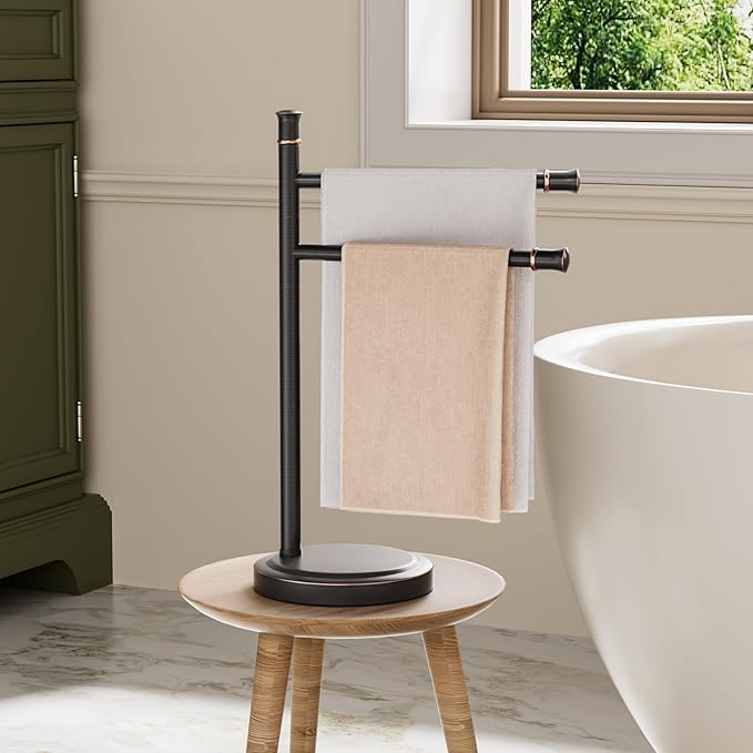 16 Inch Oil Rubbed Bronze Stand Towel Bar Free Standing Hand Towel Holder for Bathroom, 2 Swivel Arms Towel Rack Towel Ring Hardware Accessories for Kitchen Vanity Countertop Stainless Steel
