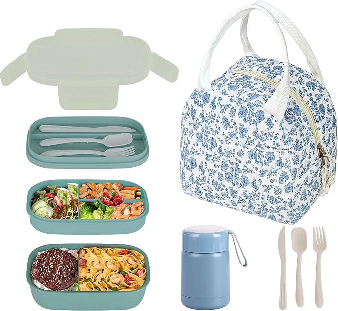 Bento Lunch Box Set for Women, with 12oz Soup Thermo, with Leak-Proof Food Containers, Insulated Lunch Bag for Girls for Travel Picnic