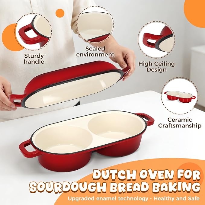 Double Dutch Oven for Sourdough Bread Baking, 2.2QT (Red) | Enamelled Cast Iron Bread Pan with Lid, Double Round Loaf Space, 16.5cm Diameter, Mini Double Dutch Oven for Homemade Baking