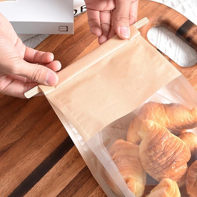 Ocmoiy 100Pcs Bakery Bags with Window, Resealable Tin Tie Tab Lock Bread Storage Bag, Clear Front Snack Bags for Packaging Cookies, Loaf, Popcorn, Paper Treat Bags