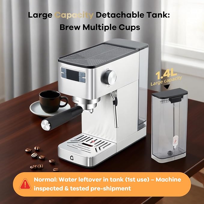 Garvee Compact 20 Bar Espresso Machine–Stainless Steel, Steam Milk Frother, Removable Tank for Cappuccino/Latte,(Silver)