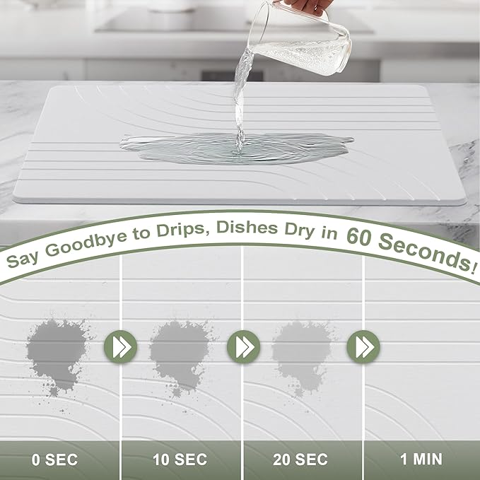 Large Stone Drying Mat for Kitchen Counter, 24" × 16" Diatomite Dish Drying Mat, Ultra Absorbent Diatomaceous Earth Dry Stone Mats with Dish Rack for Dished, Bottles, White