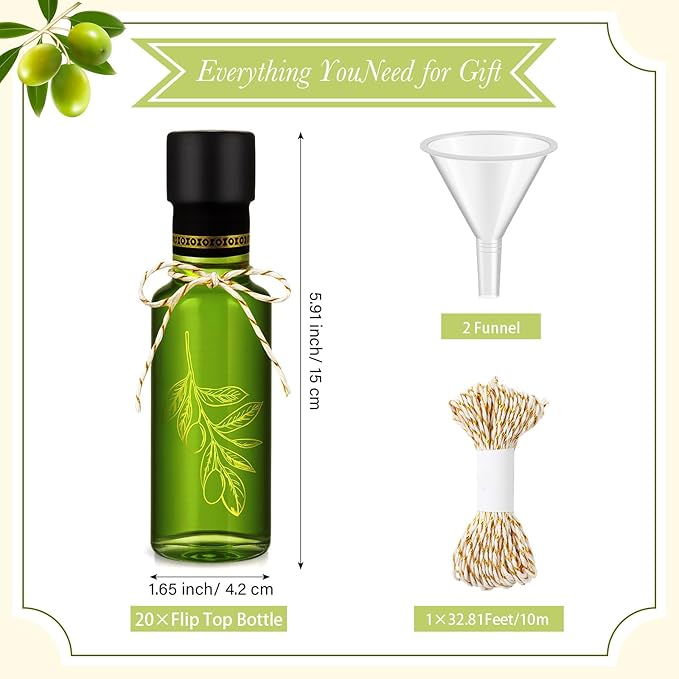 Reallnaive 20 Pcs 4 oz Mini Glass Olive Oil Bottles Empty Sauce Condiment Bottles with Dropper Inserts and Sticker Seals Caps for Gifts Kitchen (Olive Pattern,Clear)