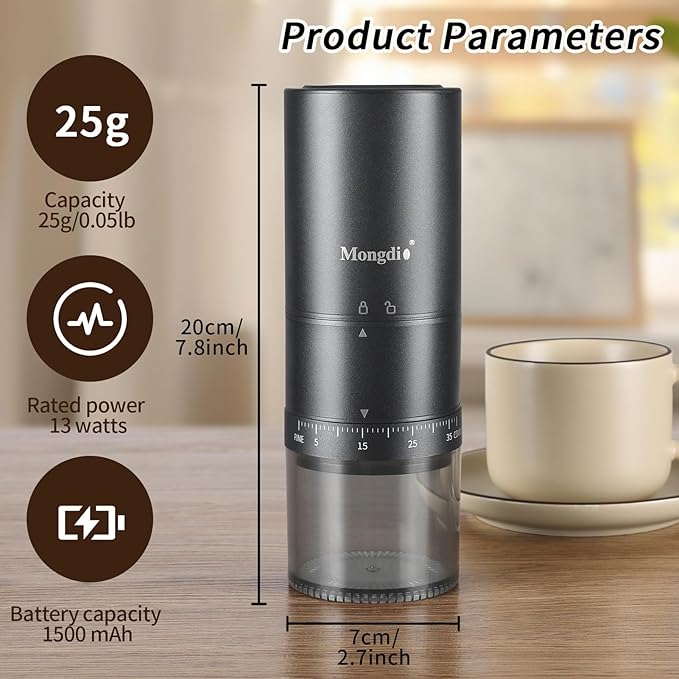 Mongdio Portable Electric Coffee Bean Grinder with 38 Adjustable Settings, Electric Burr Coffee Grinder Stainless Steel Core, For Traveling, Camping, Office, Black