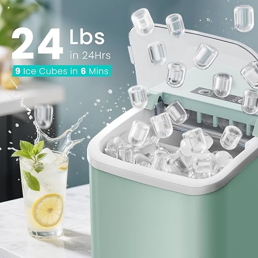 OLIXIS Ice Maker Machine with Handle,26lbs in 24 Hours,9 Cubes in 6 Mins,Auto-Cleaning Portable Ice Maker with Basket and Scoop, Countertop for Home, Kitchen, Camping, RV, Sleek Green