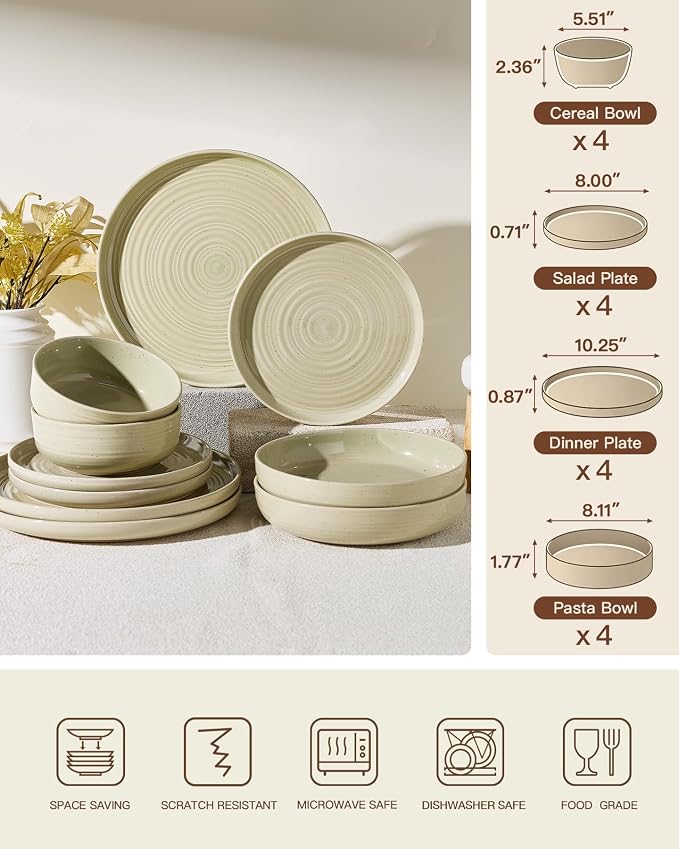 16-Piece Stoneware Dinnerware Sets for 4 with Pasta Bowls – Speckled Glaze with Spiral Design, Coupe Plates and Bowls - Chip & Scratch Resistant, Microwave & Dishwasher Safe, Honey