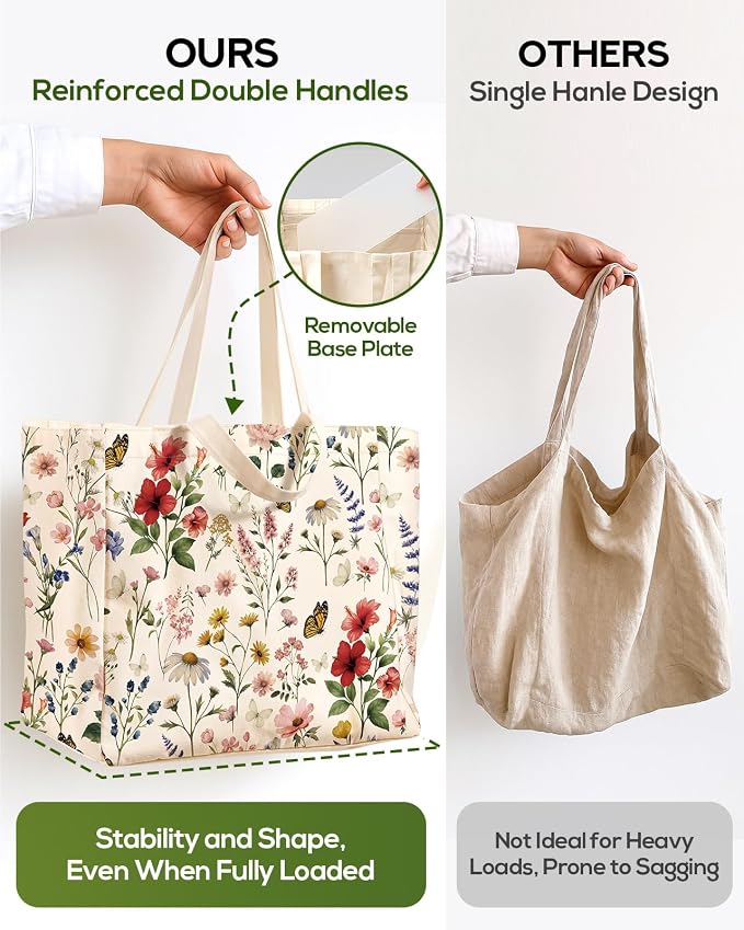 Miss Adola Large Canvas Grocery Tote Bag - Reusable Extra Large Shopping Shoulder Bags with 6 Inner Pockets & 2 Handle Strap