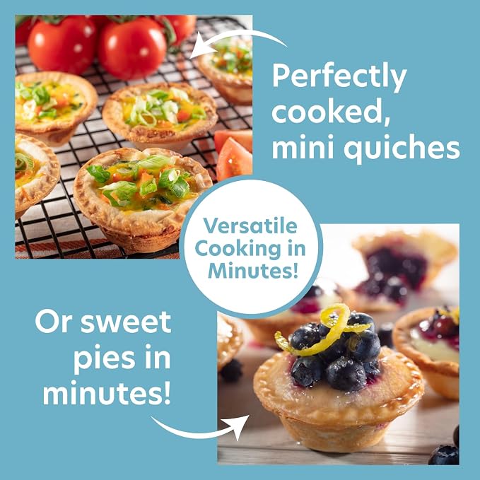 Mini Pie & Quiche Maker, Electric Baker Cooks 6 Small Quiches or Pies | Includes Dough Cutting Circle for Easy Measurement- Better than Tin Pan- Baking Dessert Gift for Her, Summer Brunch Must Have