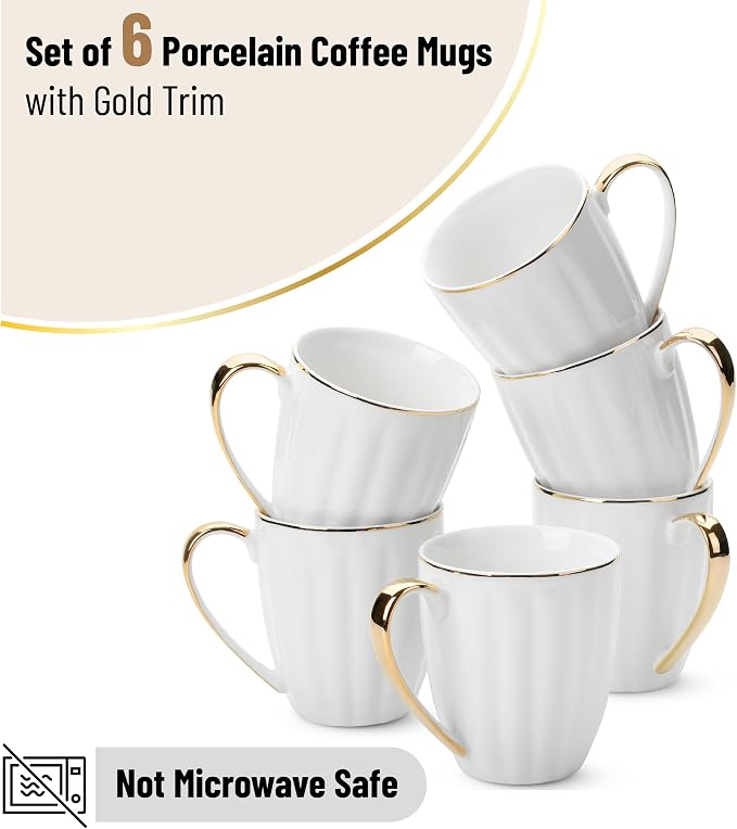 BTaT- White Porcelain Coffee Mug Set, 6 Pack, 12oz, Gold Trim Design | Elegant Coffee Mugs Home Office Tea Cappuccino Hot Beverage Serving Drinkware