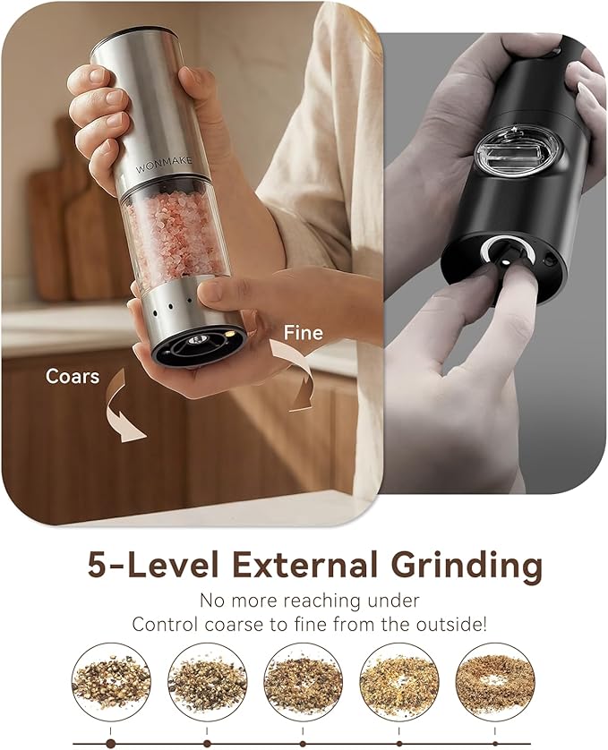 Electric Salt and Pepper Grinder Set, Type-C Rechargeable with LED Battery Level Display, Stainless Steel Salt and Pepper Shakers with Storage Base, Top Button Design, 5 Adjustable Coarseness Levels