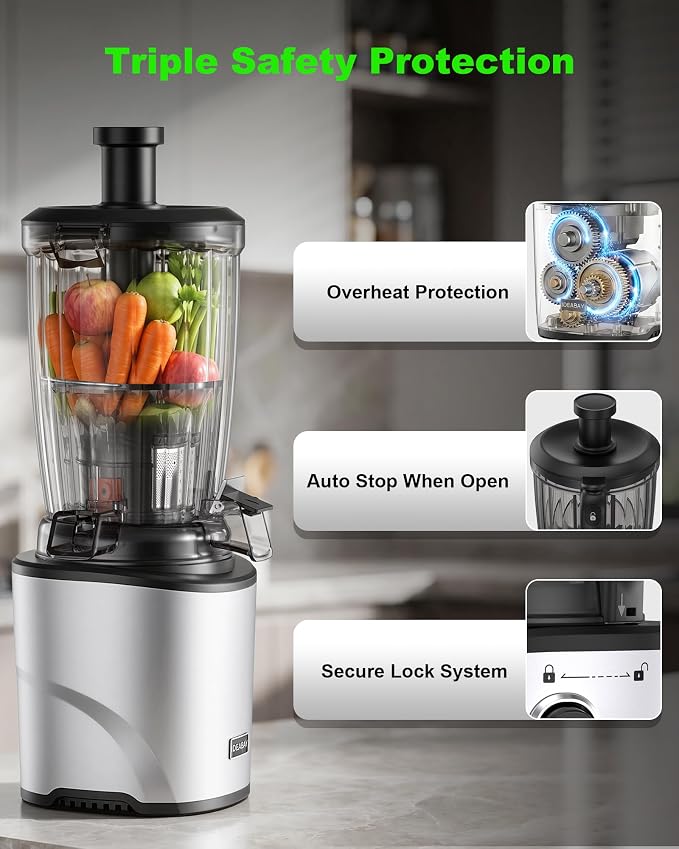 Cold Press Juicer 2026 Upgrade 6.5" Wide Feed Chute Masticating Juicer | 2.95L Large Capacity Slow Juicer for Whole Fruits & Vegetables, High Juice Yield, Easy Clean, BPA Free for Family