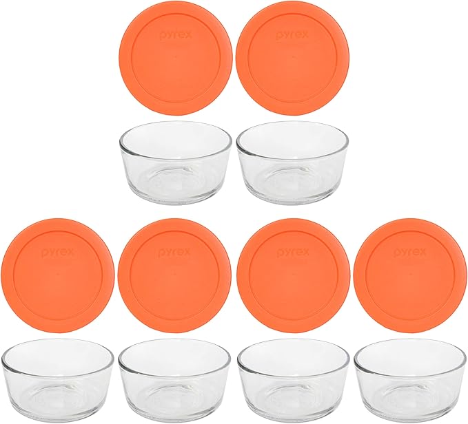Pyrex 7200 2 Cup Glass Dishes & 7200-PC 2 Cup Orange Food Storage Replacement Lids (6-Pack) - Made in USA