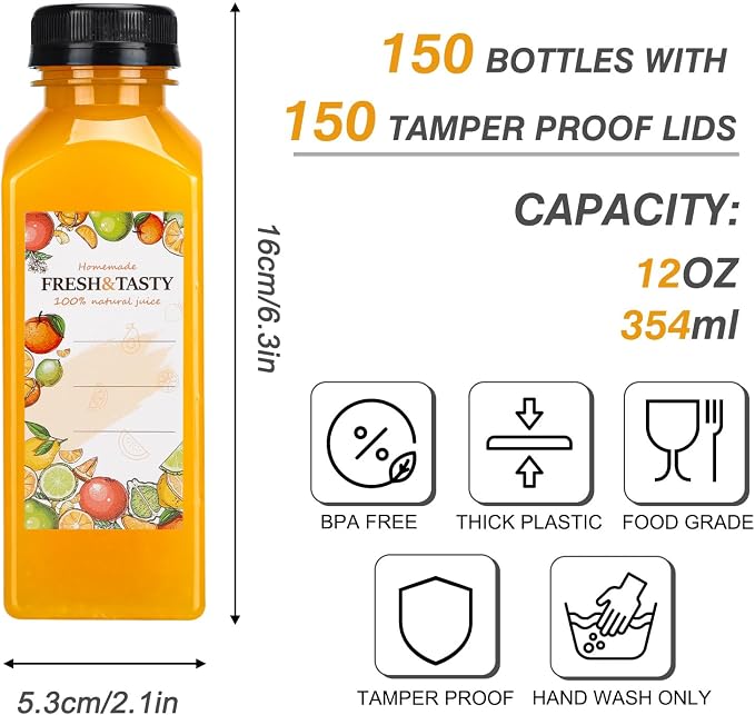 TOMNK 150pcs Juice Bottles, 12oz Reusable Plastic Juice Bottles with Caps and Labels, Funnel, Brush Beverage Containers for Juicing, Smoothies, Tea, Milk
