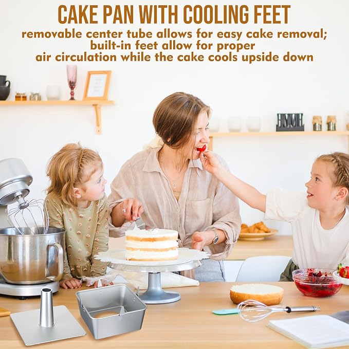 Vesici 9 Inch Square Tube Cake Pan with Cooling Feet Angel Food Cake Pan with Removable Bottom Non-stick Aluminum Alloy Pans for Baking Pound, Chiffon Cakes(Silver)