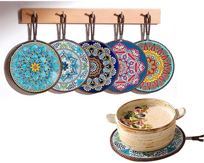 5 pcs Ceramic trivets, hot Dish mat, hot Pot Holder, Pot Holder, Heating Pads for Decorating tabletops and countertops, can be Hung, Kitchen Decor